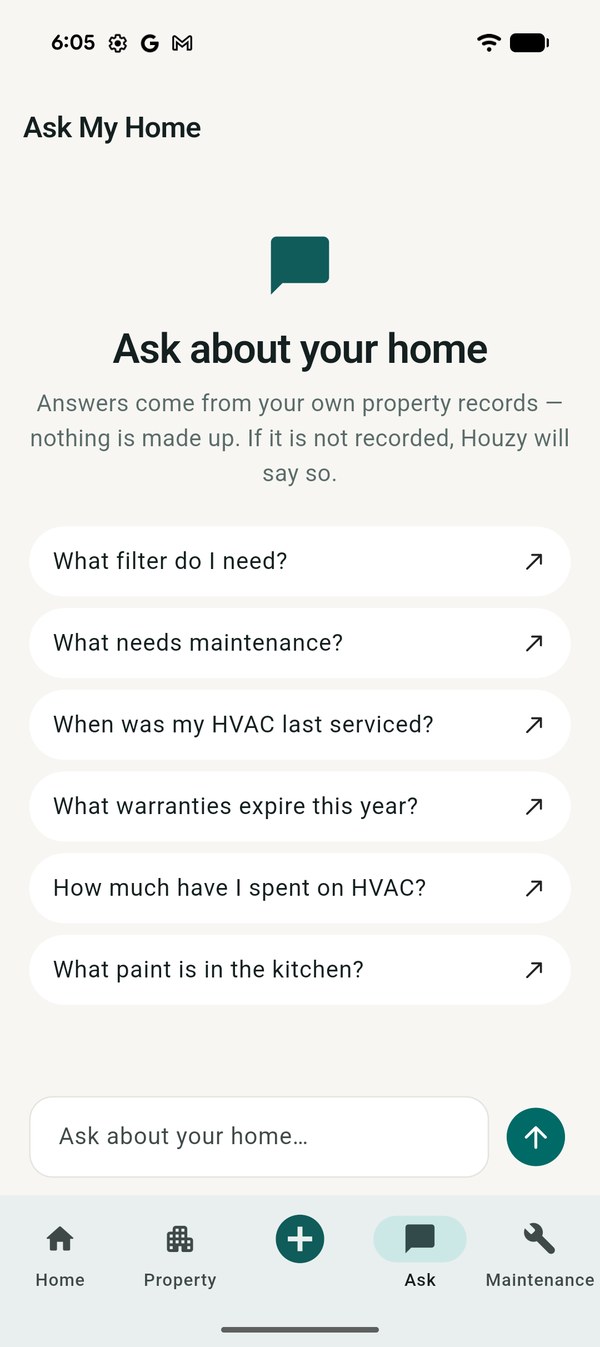 Ask My Home screen with suggested questions such as what filter do
              I need and when was my HVAC last serviced.