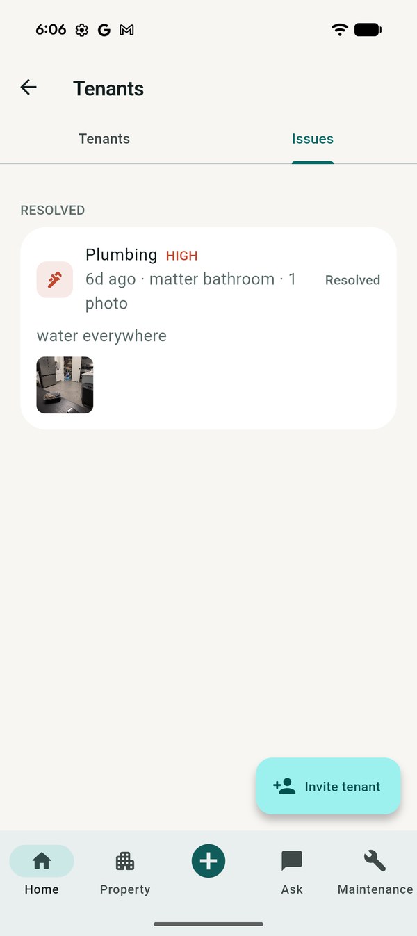 Repair requests screen showing a resolved plumbing issue marked
                high urgency, reported six days ago from the bathroom, with a
                photograph attached.