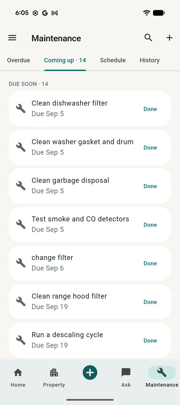 Maintenance list showing fourteen upcoming tasks, each with a due
              date and a Done button.