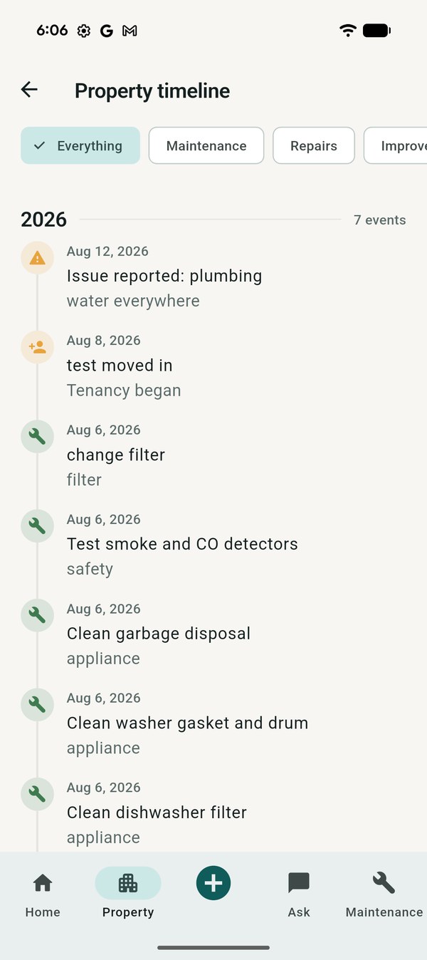 Property timeline listing seven events in 2026 including a
                reported plumbing issue, a tenant moving in, and several
                completed maintenance tasks.